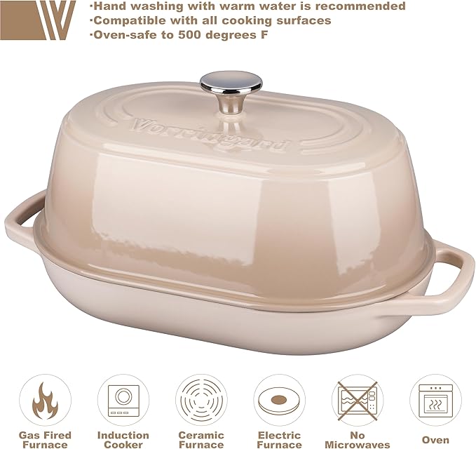 Enameled Cast Iron Dutch Oven Pot with Dome Lid, Oval Bread Oven for Homemade Sourdough Bread Baking, Oven Safe up to 500°F, 6 Quart, Latte