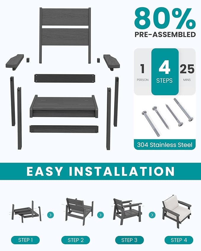 SERWALL HDPE Outdoor Couch Set of 2, All-Weather Wood-Like Outdoor Patio Furniture Set, Outdoor Sofa Chairs with Khaki Cushions