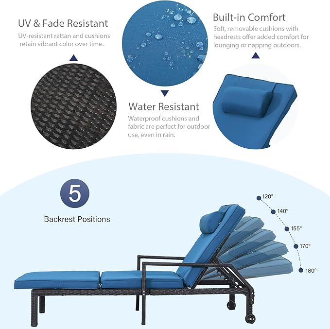 Patio Chaise Lounge – Adjustable Outdoor Lounge Chairs with Cushions & Headrest – All-Weather Rattan Reclining Lounge Chairs for Poolside, Garden, and Patio (1 Pc, Light Blue)