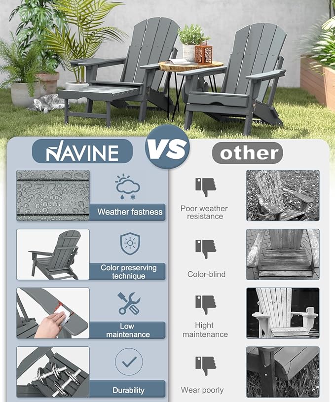 Adjustable Adirondack Chair with Retractable Ottoman, HDPE Folding Adirondack Chair with Cup Holder, All Weather Fire Pit Chair for Outdoor.