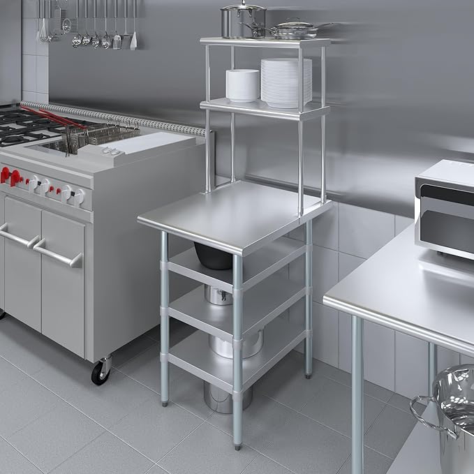 Amgood 30" x 24" Stainless Steel Work Table with 3 Shelves and 12" Wide Double Tier Overshelf | Metal Kitchen Prep Table & Shelving Combo | NSF