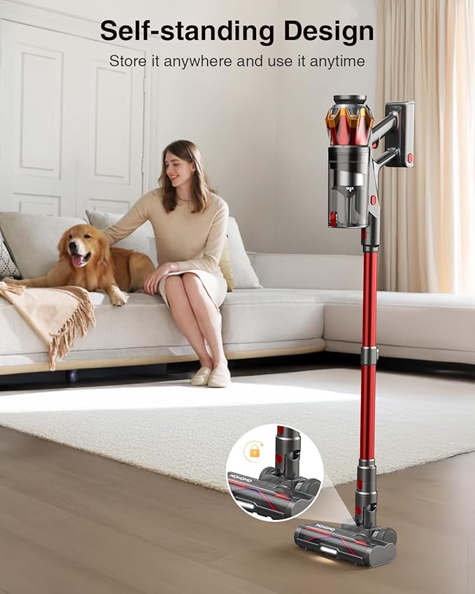 Cordless Vacuum Cleaner, 600W 50KPa 70Mins Vacuum Cleaners for Home, Self-Standing Stick Vacuum with Anti-Tangle Brush & OLED Touch Screen, Vacuum Cleaner for Hardwood Floors,Carpet,Pet Hair,Car (Red)