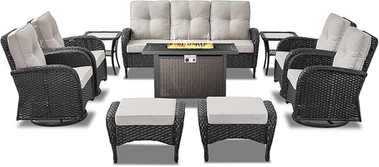 Belord Expansive 10 Pieces Outdoor Patio Furniture Set with 43” Propane Fire Pit Table, Patio Conversation Set with Swivel Rocker Outdoor Chairs Set of 4 and Sofa, Ottoman and Wicker Side Table Black