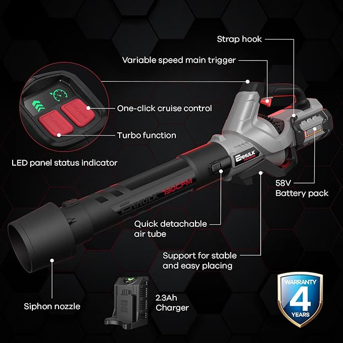 Enhulk 58V Cordless Leaf Blower, 730CFM 145MPH Brushless Power, with 2.5Ah Battery & Charger, Variable Speed & Turbo Mode for Yard, Leaves, Dust, and Snow