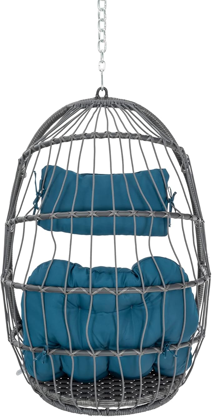 Yechen Wicker Rattan Hanging Egg Swing Chair with Hanging Chain Outdoor Indoor, Foldable Hammock Egg Basket Chairs Without Stand with Aluminum Frame and UV Resistant Cushion for Bedroom Porch