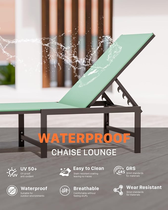 Chaise Lounge Chair Outdoor,Aluminum Patio Lounge Chairs Set of 2,Pool Lounge Chairs with 5 Adjustable Backrest and Headrest Pillows for Outside Beach，Green
