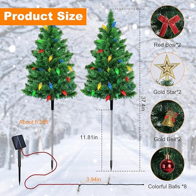 2-Pack Solar Christmas Tree, IP44 Waterproof Colorful Garden Stake Lights Christmas Decorations with 8 Lighting Modes 100 LED Beads for Porch, Pathway, Yard, Cemetery