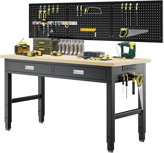 60" Heavy Duty Workbench with Power Outlets, Pegboard & Storage Drawers, 2000 LBS Capacity Rolling Work Table with Wheels, Hooks & Rack for Garage, Workshop, Office, Home