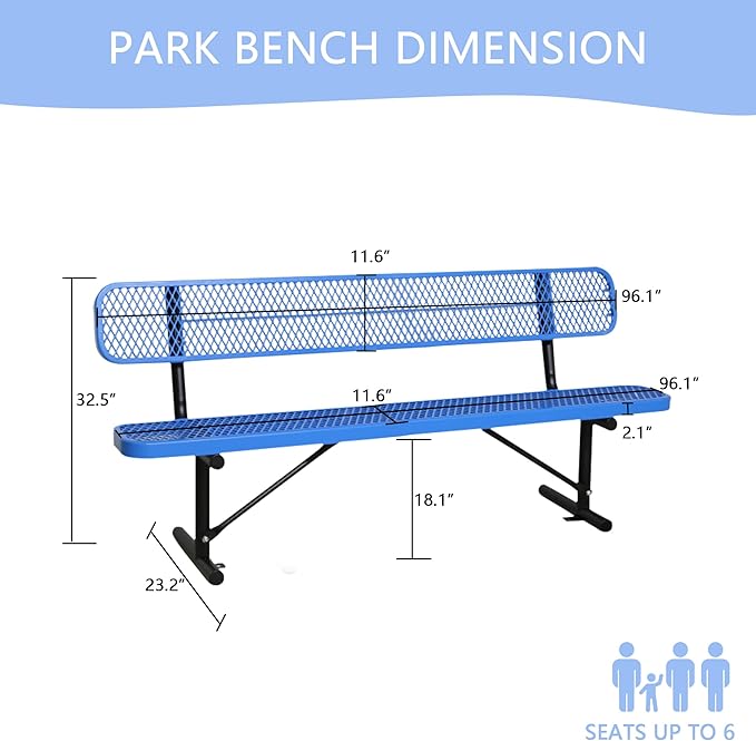 8 Ft Metal Park Bench for Outside, All-Weather Thermoplastic Coating Outdoor Bench with Backrest, Commercial Heavy Duty Benches for Shopping Malls, Stores, Parks, Patios, Decks, Blue