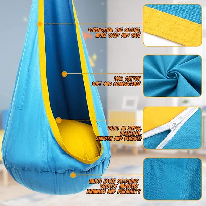 Y- STOP Kids Pod Swing Seat, Hanging Hammock Chair Swing with Inflatable Pillow, Sensory Swing Chair with Pocket for Outdoor and Indoor (Blue Yellow)