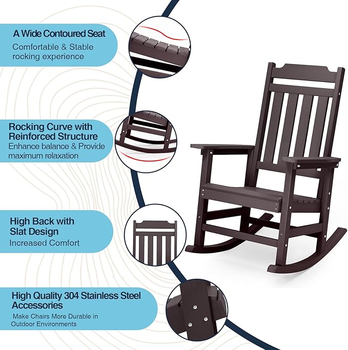Rocking Chairs Set of 2, All Weather Resistant Poly Lumber Outdoor Porch Rocker, Rocking Chairs for Outdoor, Indoor, Patio, Deck, Garden, Backyard, Load Bearing 380 lbs - Brown
