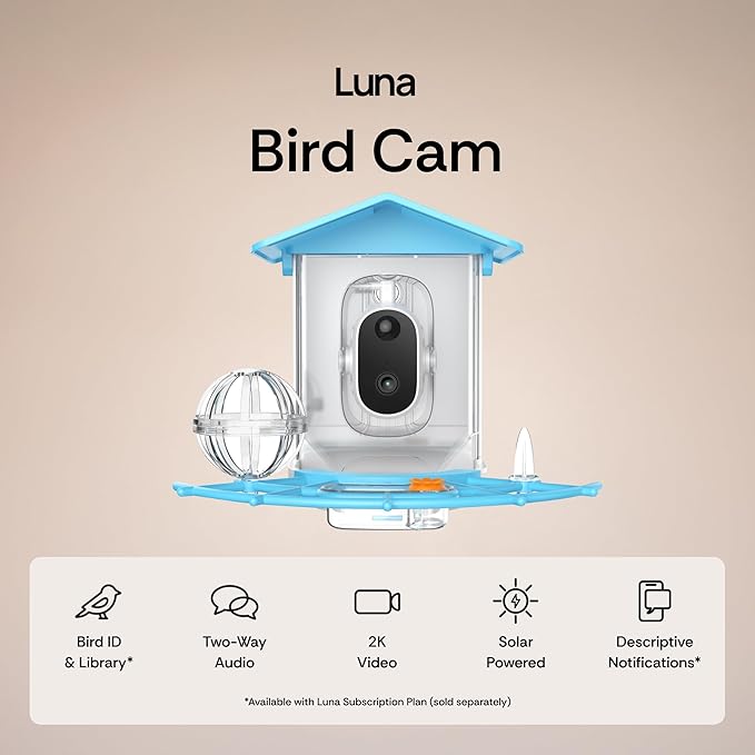 Luna Smart Bird Feeder with Camera, Enhanced AI Birds Species Identification, 2K HD Video, Instant Arrival Alerts, Solar Powered, Weatherproof Design for Birdwatching, Ideal Gift for Bird Lovers