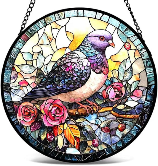 Stained Glass Window Hanging - Purple Bird and Pink Flowers Suncatcher fof Garden Home Decor for Women Mon Grandma Friends