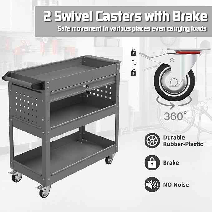 3 Tray Rolling Tool Cart, 400 LBS Capacity Mechanic Tool Carts on Wheels, Heavy Duty Utility Cart with Drawers, Metal Work Cart for Garage, Warehouse and Repair Shop, Grey