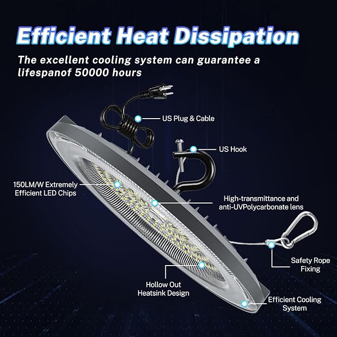 THELUX 200W 6 Pack UFO High Bay Led Lights Super Bright 28000LM 5000K High Bay LED Shop Lights with US Hook 5'ft Cable Alternative to 800W MH/HPS for Workshop, Gym, Warehouse,Exhibition Hall etc