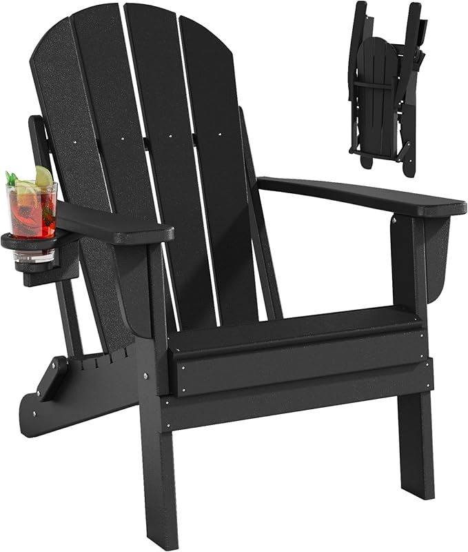 Folding Adirondack Chairs, All-Weather Resistant HDPE Patio Firepit Chairs, Sturdy Outside Chairs with Cup Holder, Lawn Chairs, 80% Pre-Installed Load Capacity 385lb, Black