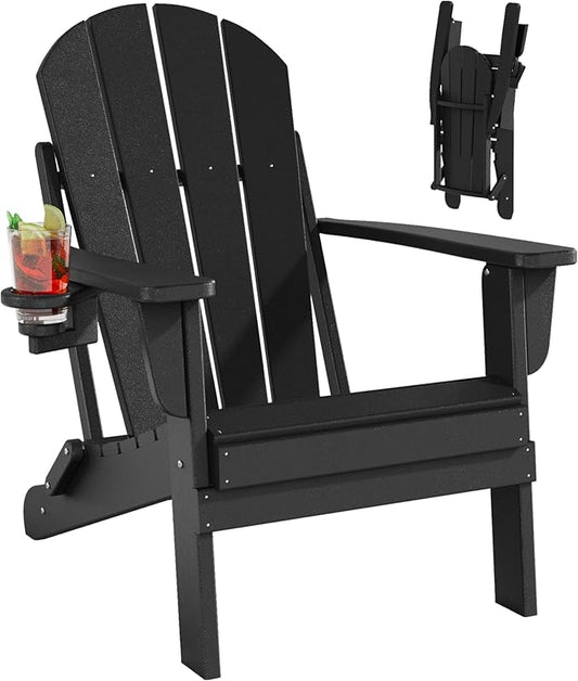 Folding Adirondack Chairs, All-Weather Resistant HDPE Patio Firepit Chairs, Sturdy Outside Chairs with Cup Holder, Lawn Chairs, 80% Pre-Installed Load Capacity 385lb, Black