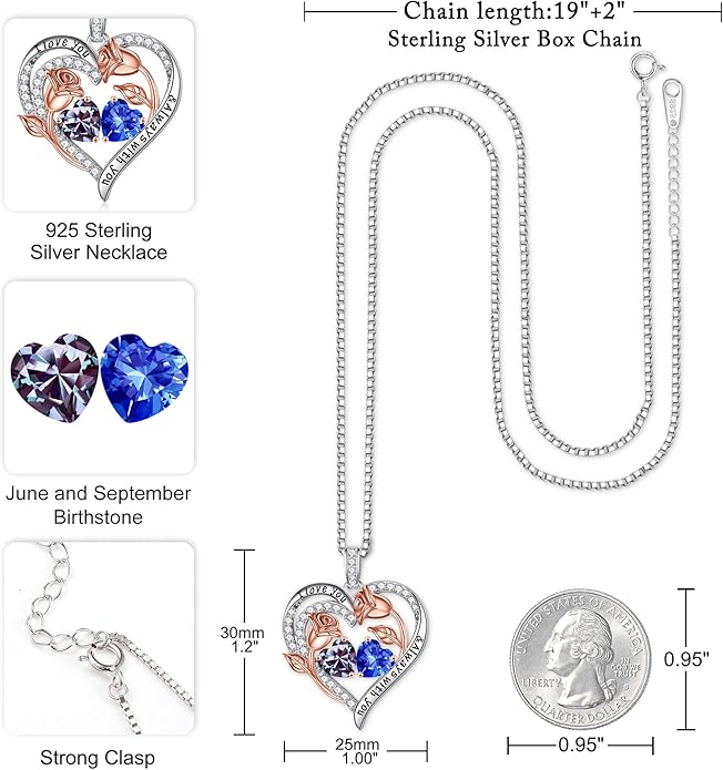 Iefil Christmas Gifts for Women Wife - 925 Sterling Silver Rose Heart Birthstone Necklace Birthday Anniversary Jewelry Gifts for Her Wife Mom Daughter