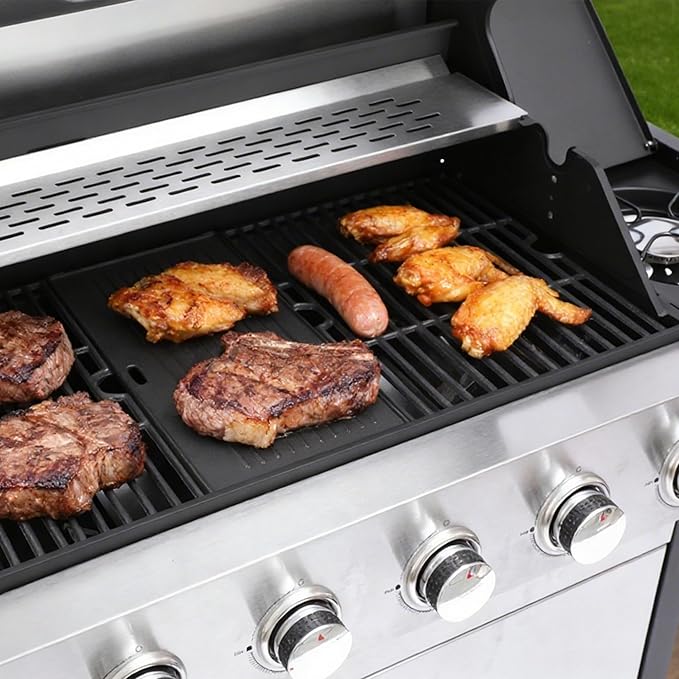 6-Burner Propane Gas BBQ Grill with 1 Side Burner, 65910 BTU Output Stainless Steel Outdoor Grill w/Cast Iron Grating Mesh, Built-in Thermometer for Cooking & Outdoor BBQ