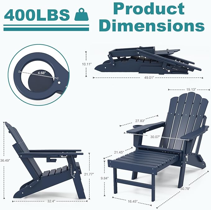 FOOWIN Adjustable Adirondack Chair with Retractable Ottoman Set of 8, Folding Adirondack Chair with Cup Holder, HDPE All-Weather Fire Pit Chair for Patio, Yard, Poolside, Navy Blue
