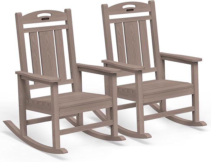 Ciokea Oversized Outdoor Rocking Chairs Set of 2, HDPE Porch Rocking Chairs for Outside, All-Weather Comfortable Patio Rockers for Front Deck Balcony, Teak