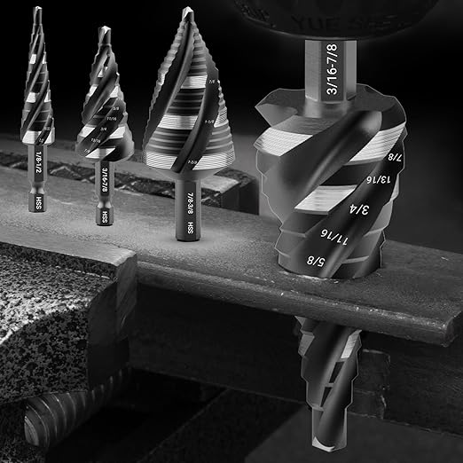 MABLEVI 5 Pcs Four Spiral Flute Step Drill Bit Set, 1/8"-1-3/8" HSS Unibit Step Drill Bit, 1/4" and 3/8" Shank Step Bit for Metal, Stainless Steel, Aluminum, Wood, Plastic