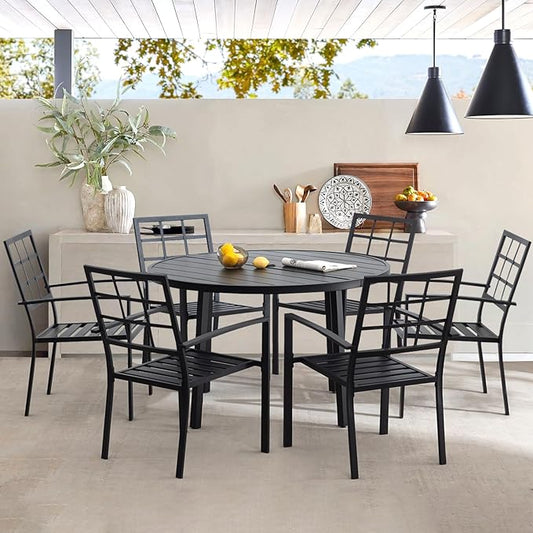 7 Piece Outdoor Dining Set, Patio Dining Set for 6, 47" Black Round Table with 6 Armrest Black Metal Outdoor Dining Chairs for Lawn, Garden, or Porch