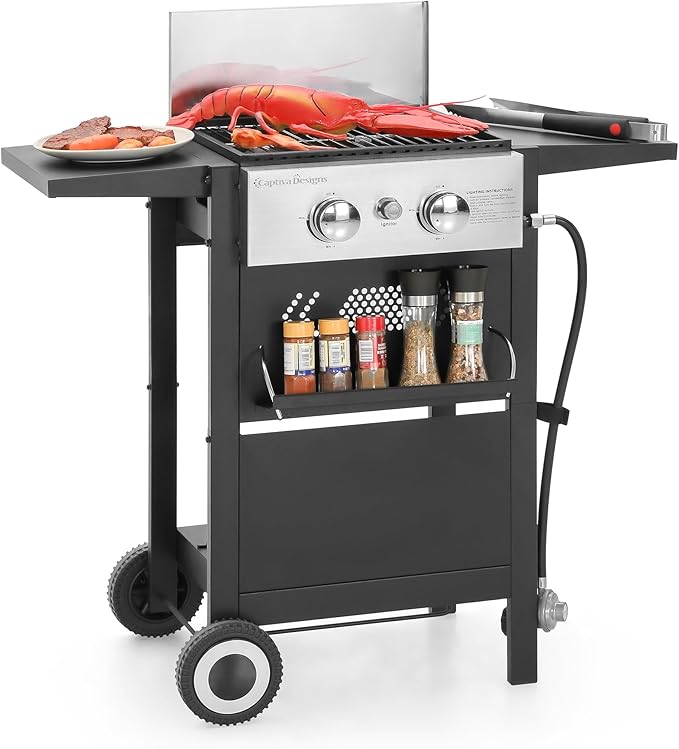 Captiva Designs 2-Burner Propane Gas BBQ Grill with Cast Iron Griddle Pan, 20,000 BTU Output Small Barbecue Grill for Outdoor, Patio, Backyard and Balcony