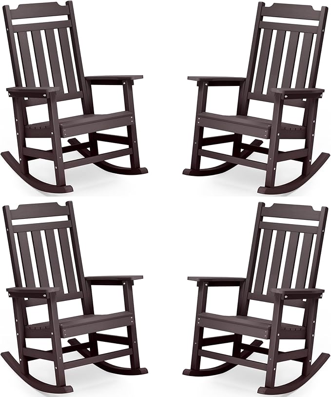 Rocking Chairs Set of 4, All Weather Resistant Poly Lumber Outdoor Porch Rocker, Rocking Chairs for Outdoor, Indoor, Patio, Deck, Garden, Backyard, Load Bearing 380 lbs - Brown