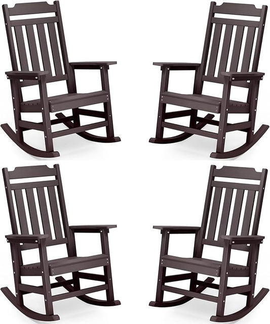 Rocking Chairs Set of 4, All Weather Resistant Poly Lumber Outdoor Porch Rocker, Rocking Chairs for Outdoor, Indoor, Patio, Deck, Garden, Backyard, Load Bearing 380 lbs - Brown