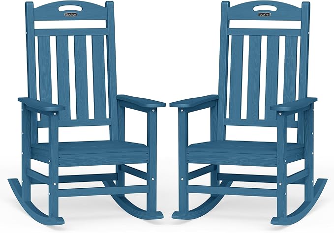 Oversized Outdoor Rocking Chair Set of 2, High Back Porch Rocker Chair, HDPE All Weather Resistant Rocking Chairs for Patio, 380lbs Weight Capacity, Navy Blue