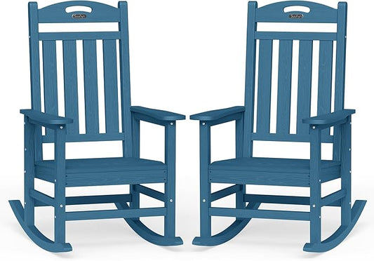 Oversized Outdoor Rocking Chair Set of 2, High Back Porch Rocker Chair, HDPE All Weather Resistant Rocking Chairs for Patio, 380lbs Weight Capacity, Navy Blue