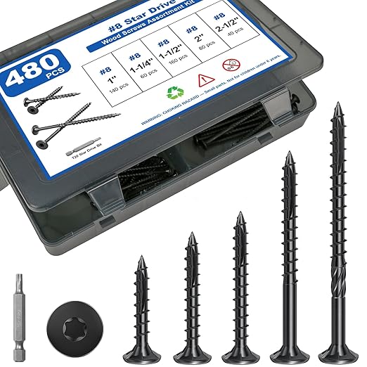 480Pcs Deck Screws, #8 Wood Screws Assortment Kit, 5Sizes Assorted Screw Set, Rust Resistant Torx Screws with Flat Head, Black Screw Kit for Woodworking Projects, Star Bit Included