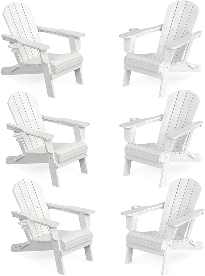 LOUNZY Folding Adirondack Chair Set of 6, HDPE All-Weather Folding Adirondack Chair with Cup Holders, Outdoor Patio Adirondack Chair for Deck Lawn Fire Pit, White