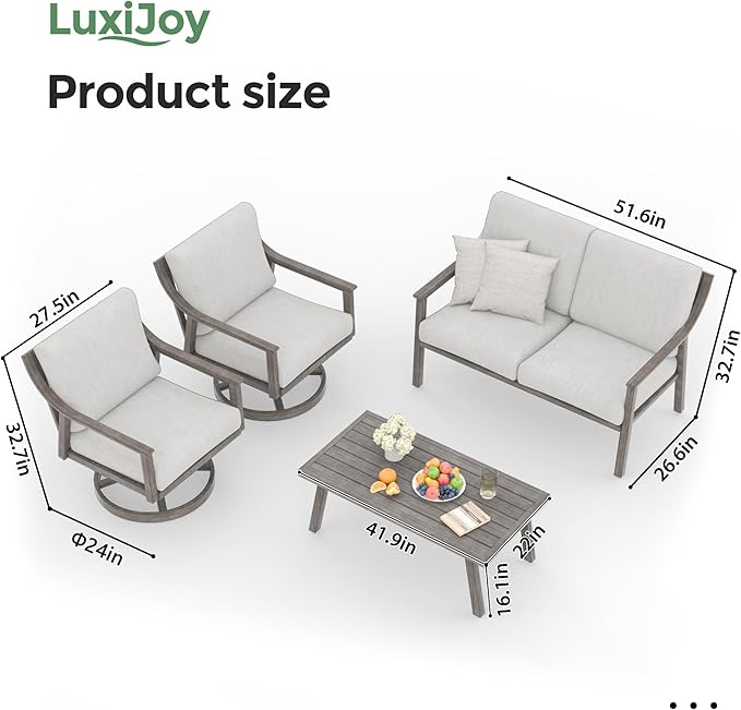 Patio Conversation Sets 4 Pieces - Aluminum Loveseat Outdoor Furniture Sets with Thick Cushion, Coffee Table and Swivel Chairs Set of 2, Rustproof and Waterproof for Porch Deck Yard, Grey