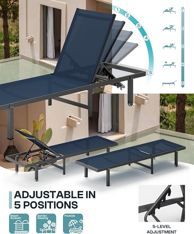 Pool Lounge Chairs, Chaise Lounge Outdoor with Wheels and 5-Position Recliner -Easy to Move- Aluminum Patio Lounge Chair for Poolside, Deck (Navyblue)