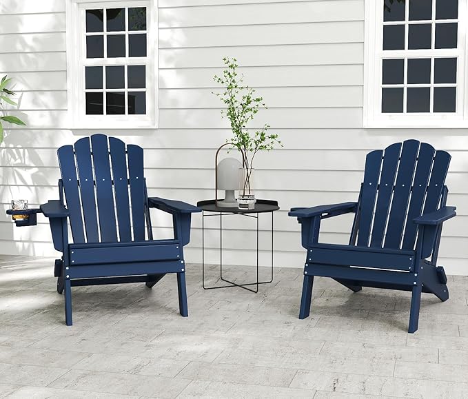 FOOWIN Adirondack Chair Set of 6, Folding Adirondack Chair with Cup Holder, HDPE All-Weather Fire Pit Chair for Patio, Garden, Backyard, Poolside, Navy Blue
