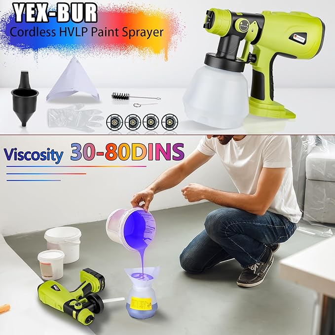 YEX-BUR Cordless Paint Sprayer for Ryobi 18V Battery, 200W Electric Handheld Paint Spray Gun with 1000ML Container for Furniture DIY Works House(Battery Not Included)