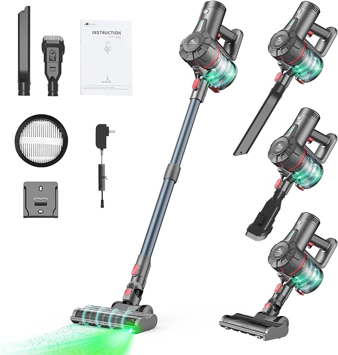 Cordless Vacuum Cleaner, 21Kpa Powerful Stick Vacuum for Home,3 Speeds Self-Standing Stick Vacuum with 45 Min Runtime, 6 in 1 Lightweight Handheld Wireless Vacuum for Pet Hair Carpet Hard Floors
