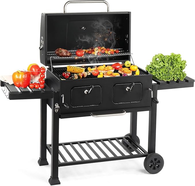 Vasitelan Large Charcoal BBQ Grill with Oversize Cooking Area, Outdoor Cooking Grill with 2 Individual Lifting Charcoal Trays and 2 Foldable Side Tables