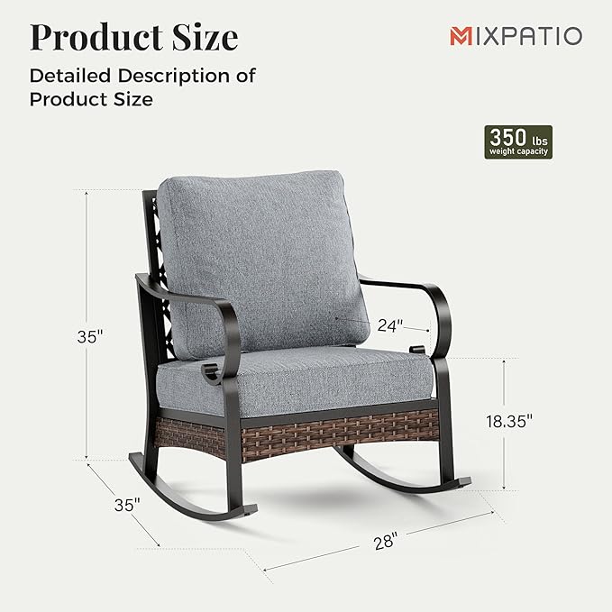 Outdoor Patio Rocking Sofa Chairs Set of 2 Steel Frame Porch Furniture with Deep Seating and 5.75" Cushions for Lawn Backyard Deck, Grey