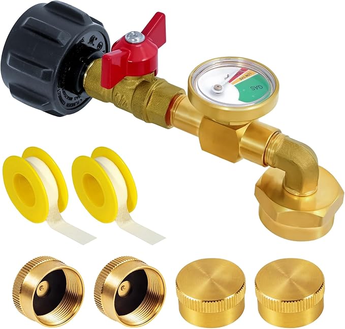 Propane Refill Adapter for 1 lb. Tanks, Propane Refill Elbow Adapter with Valve and Gauge, Brass Propane Adapter 20lb to 1lb Converter with 4 Caps for 1 Pound Propane Bottles