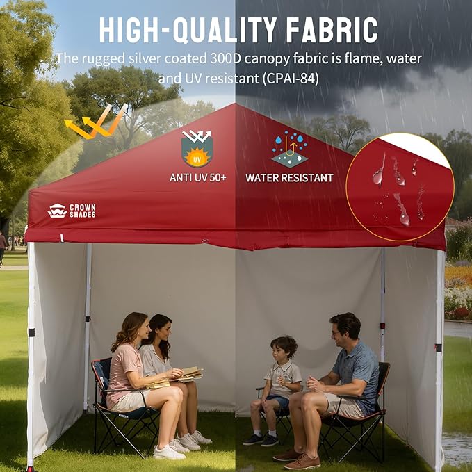 CROWN SHADES 10X10 Comercial Instant Canopy Pop Up Tent with Center Lock (10x10 with 4 Sidewalls, Red)
