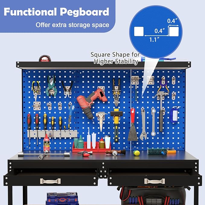Goplus Workbench with Drawers, 48" x 24" Heavy-Duty Work Table with 3 PCS Pegboard & 4 Shelves, 24 Hanging Accessories, 506 LBS Capacity, Metal Tool Storage Work Bench for Garage, Workshop