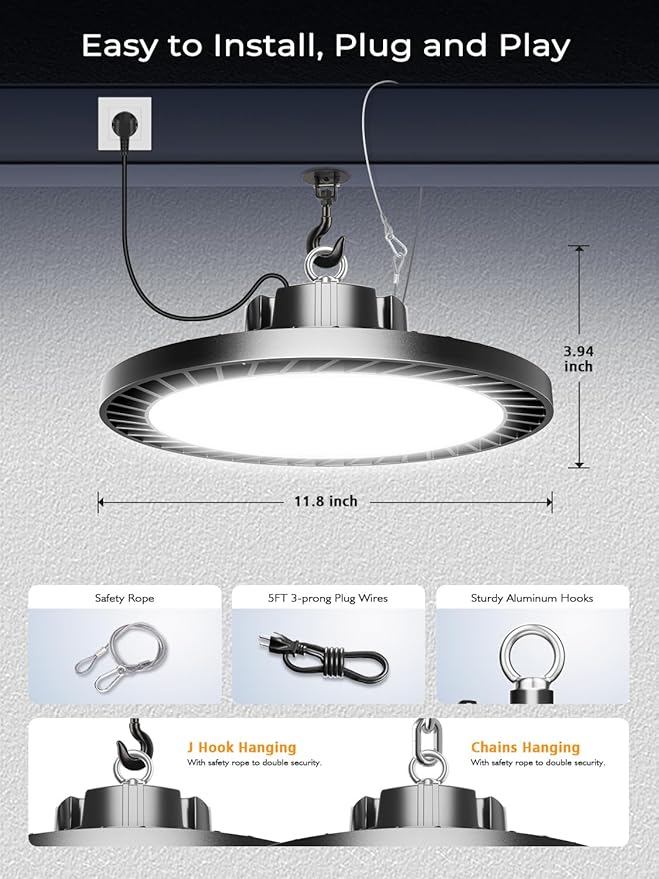 250W UFO LED High Bay Light, 37500LM Super Bright Industrial UFO High Bay LED Shop Lights & Garage Lights,6000K Shop Light IP65 Waterproof with US Plug, for Garage/Warehouse/Gym (6 Pack)