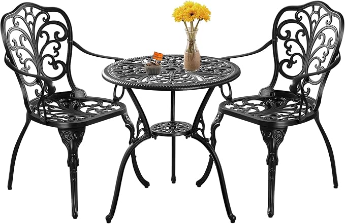 3 Piece Patio Bistro Set, Cast Aluminum Bistro Table and Chairs Set of 2 with 1.97" Umbrella Hole, All Weather Bistro Table Set Outdoor Patio Furniture for Garden, Backyard, Pool