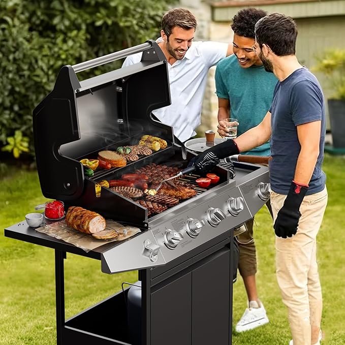 4 Burner Gas Grill with Side Burner,Stainless Steel Propane Grill Outdoor BBQ Grill with Oil Tray and Built-in Thermometer for Outdoor Barbecue, Camping, Patio, Backyard, 49,000 BTU