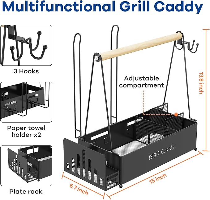 Grill Caddy, BBQ Caddy for Outdoor Grill with 2 Paper Towel Holders, Picnic Condiment Utensil Caddy for Outdoor, RV, Tailgating Essentials, Grilling Accessories, Camping kitchen, Gifts for Men