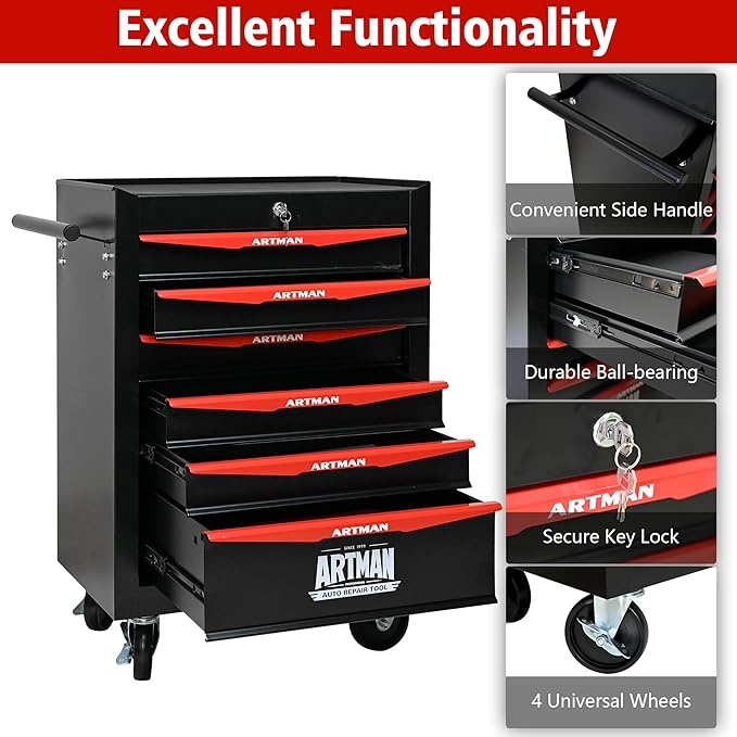 6 Drawers Tool Cart on Wheels, Multifunctional Rolling Tool Storage Chest, Drawers Rolling Trolley Organizer Tool Box for Warehouse, Garage, Workshop, Repair Shop (6 Drawers-30.5" H)