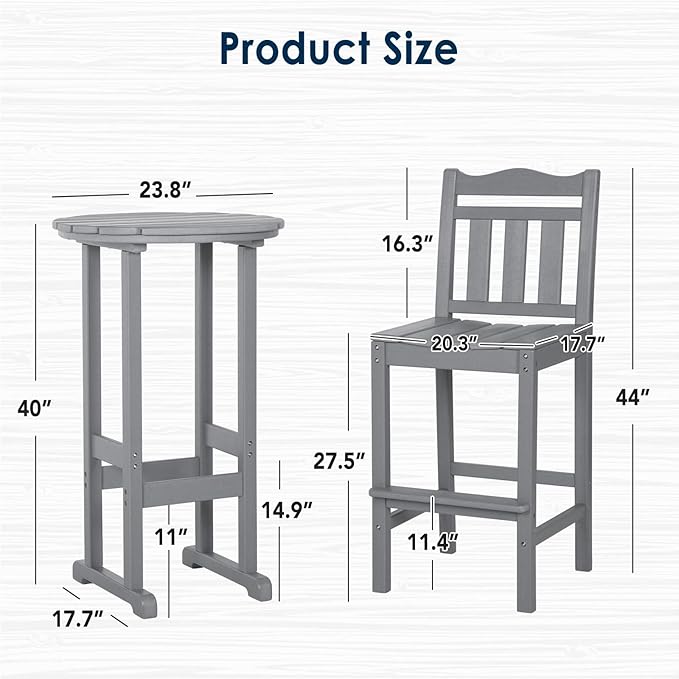 nalone Outdoor Bar Chairs and Table Set, HDPE Balcony Adirondack Chairs and Table 3 Pieces Set, Outdoor Bar Stools Set for Garden, Yard, Backyard(Grey, Bar Chairs with Table)